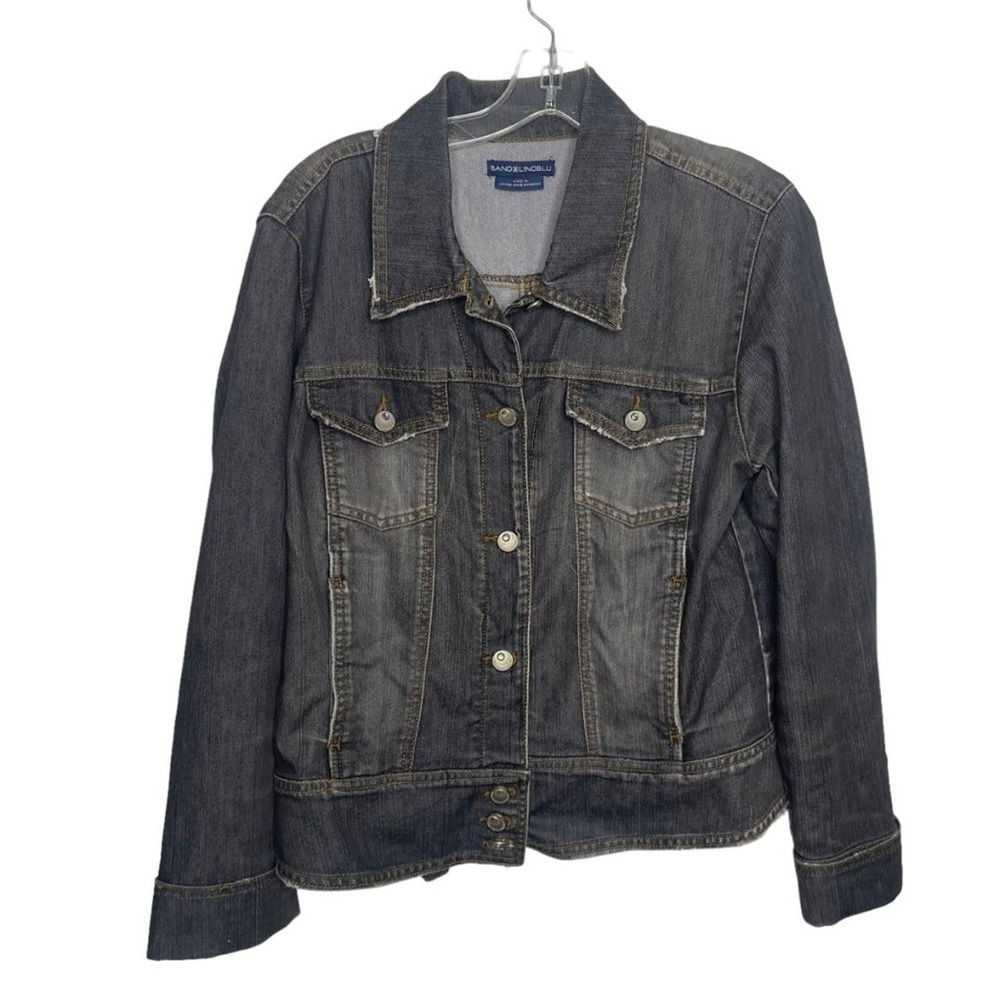 Bandolino Blu Dark Wash Grey Denim Trucker Jacket Buckle Back Distressed L